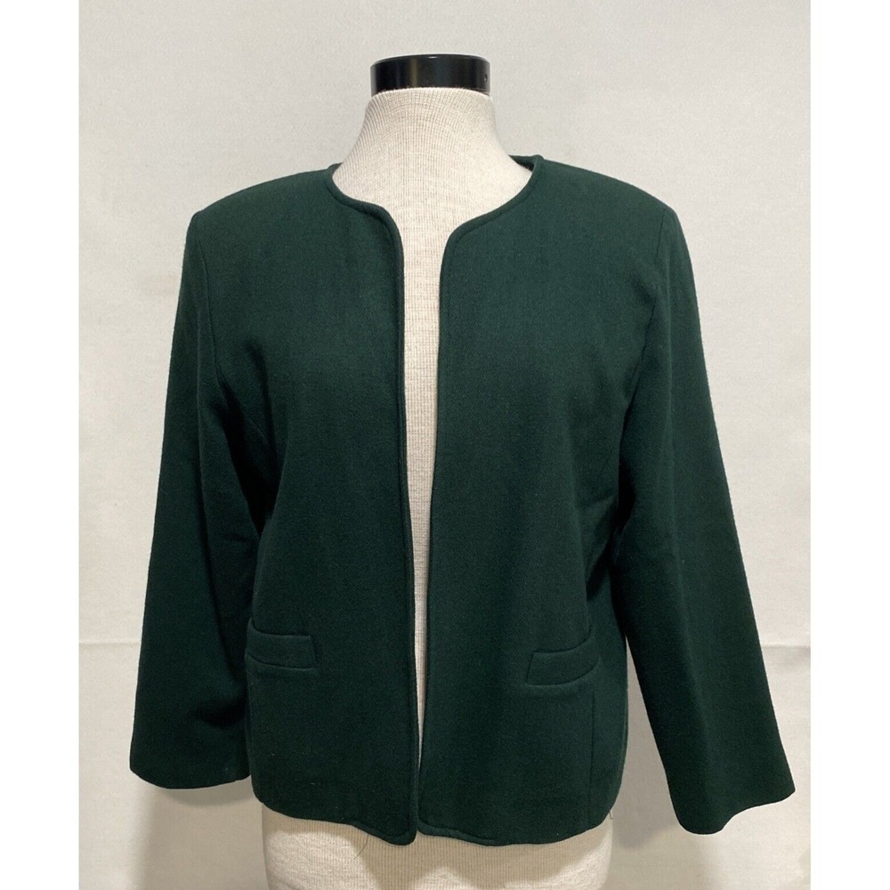 VTG Willow Ridge Spruce Green 100% Wool Open‎ Front Collarless Blazer Petite 10